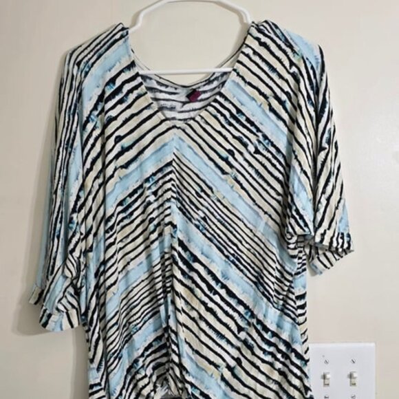 Women's Plus Blue and Black Striped Short Sleeve Blouse 1x - Picture 3 of 4
